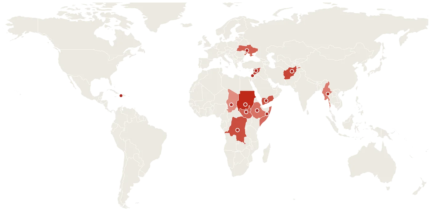 World map with humanitarian crisis countries highlighted